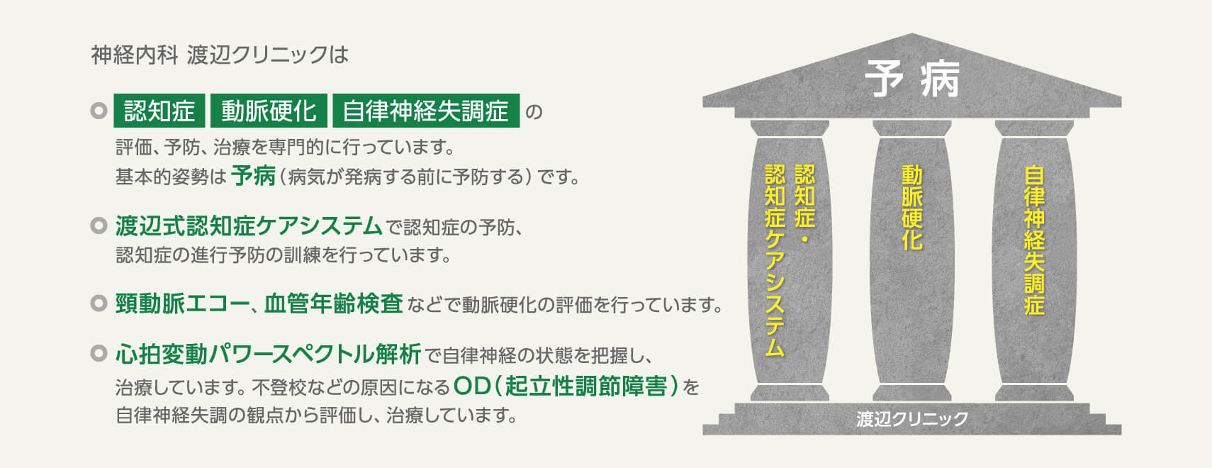 神経内科 渡辺クリニックは認知症、動脈硬化、自律神経失調症の評価、予防、治療を専門的に行っています。基本的姿勢は予病（病気が発病する前に予防する）です。渡辺式認知症ケアシステムで認知症の予防、認知症の進行予防の訓練を行っています。頸動脈エコー、血管年齢検査などで動脈硬化の評価を行っています。心拍変動パワースペクトル解析で自律神経の状態を把握し、治療しています。不登校などの原因になるOD（起立性調節障害）を自律神経失調の観点から評価し、治療しています。