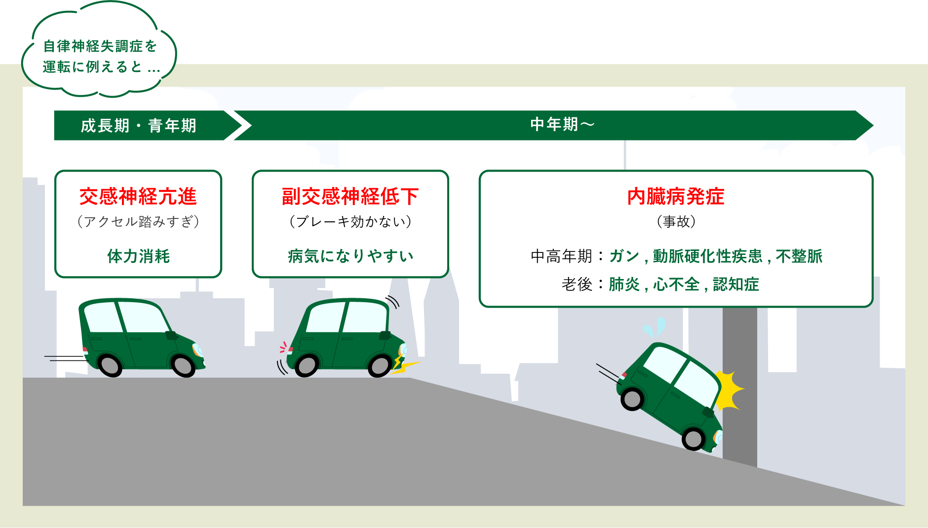 交感神経亢進(体力消耗)→副交感神経低下(病気になりやすい)→内臓病発症(中高年期:ガン,動脈硬化性疾患,不整脈/老後:肺炎,心不全,認知症)