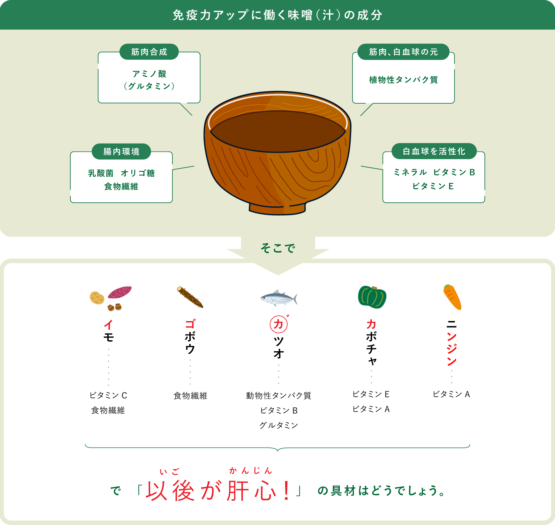 免疫力アップに働く味噌(汁)の成分 イモ ゴボウ カツオ カボチャ ニンジン で以後が肝心!