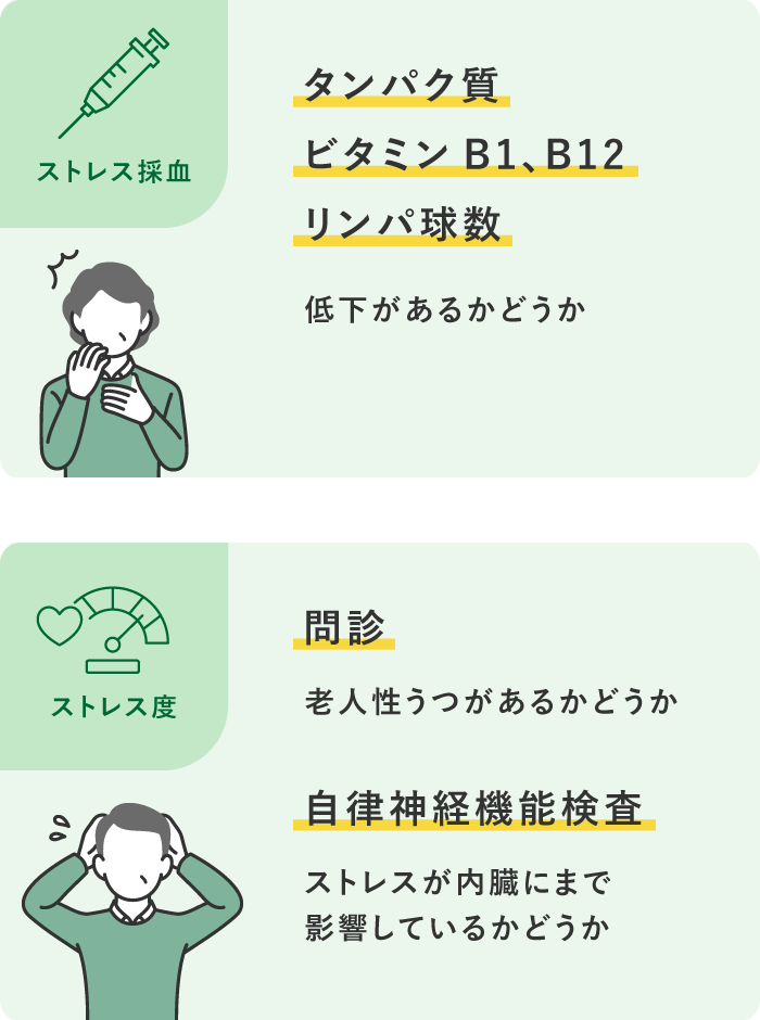 【ストレス採血】タンパク質・ビタミンB1、B12・リンパ球数 【ストレス度】問診/自律神経機能検査