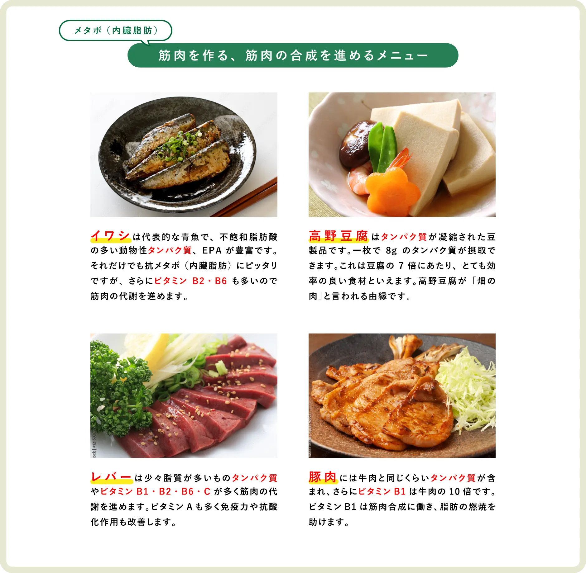 筋肉を作る、筋肉の合成を進めるメニュー イワシ・高野豆腐・レバー・豚肉