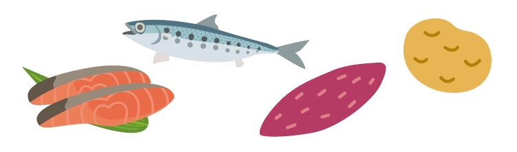 サケ、イワシ、サツマイモ、ジャガイモ