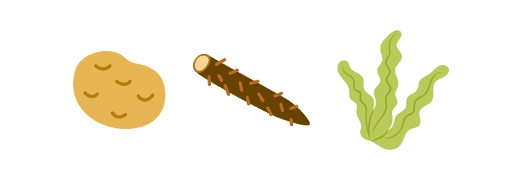 ジャガイモ、ゴボウ、ワカメ