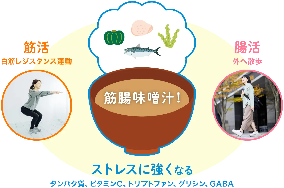 筋活（白筋レジスタンス運動）、腸活（外へ散歩）、ストレスに強くなる（タンパク質、ビタミンC、トリプトファン、グリシン、GABA）
