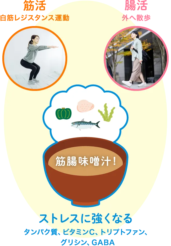 筋活（白筋レジスタンス運動）、腸活（外へ散歩）、ストレスに強くなる（タンパク質、ビタミンC、トリプトファン、グリシン、GABA）