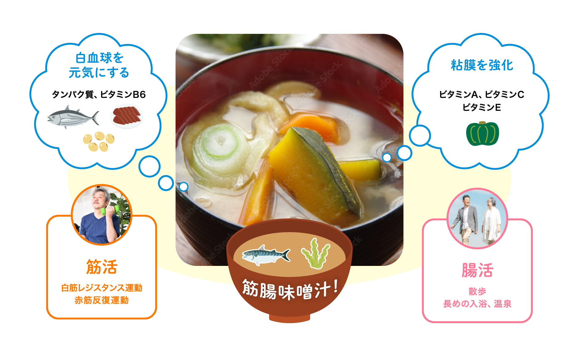 筋活（白筋レジスタンス運動・赤筋反復運動）、腸活（散歩・長めの入浴・温泉）、白血球を元気にする（タンパク質・ビタミンB6）、粘膜を強化（ビタミンA・ビタミンC・ビタミンE）