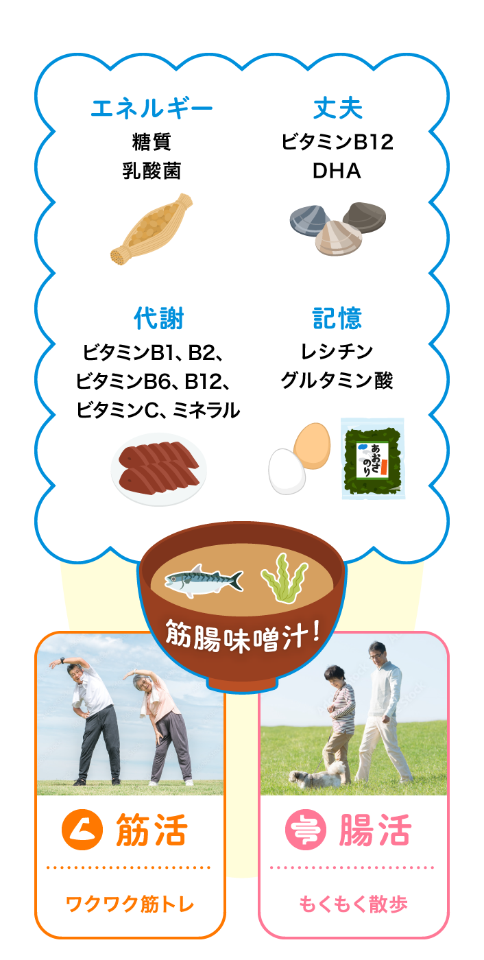 エネルギー（糖質・乳酸菌）、丈夫（ビタミンB12・DHA）、代謝（ビタミンB1・B2・B6・B12・C・ミネラル）、記憶（レシチン・グルタミン酸）、筋活（ワクワク筋トレ）、腸活（もくもく散歩）