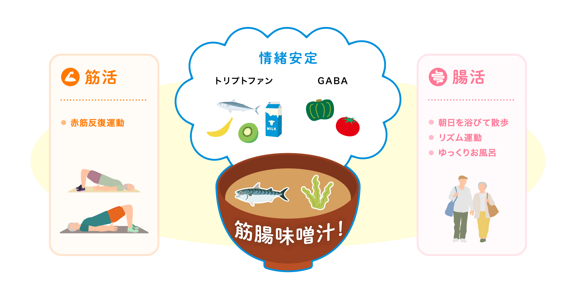 情緒安定（トリプトファン・GABA）、筋活（赤筋反復運動）、腸活（朝日を浴びて散歩・リズム運動・ゆっくりお風呂）