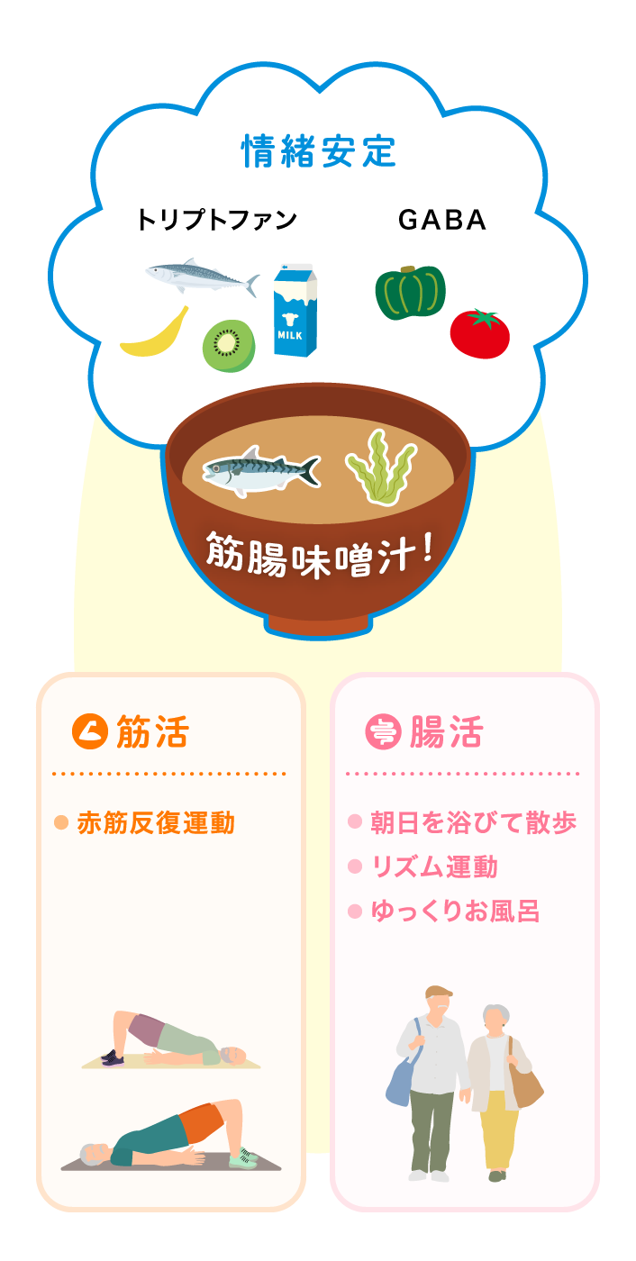 情緒安定（トリプトファン・GABA）、筋活（赤筋反復運動）、腸活（朝日を浴びて散歩・リズム運動・ゆっくりお風呂）